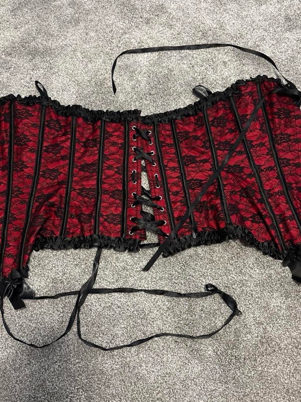 Red Lace Overbust Corset with Black Trim and Ribbon Lacing